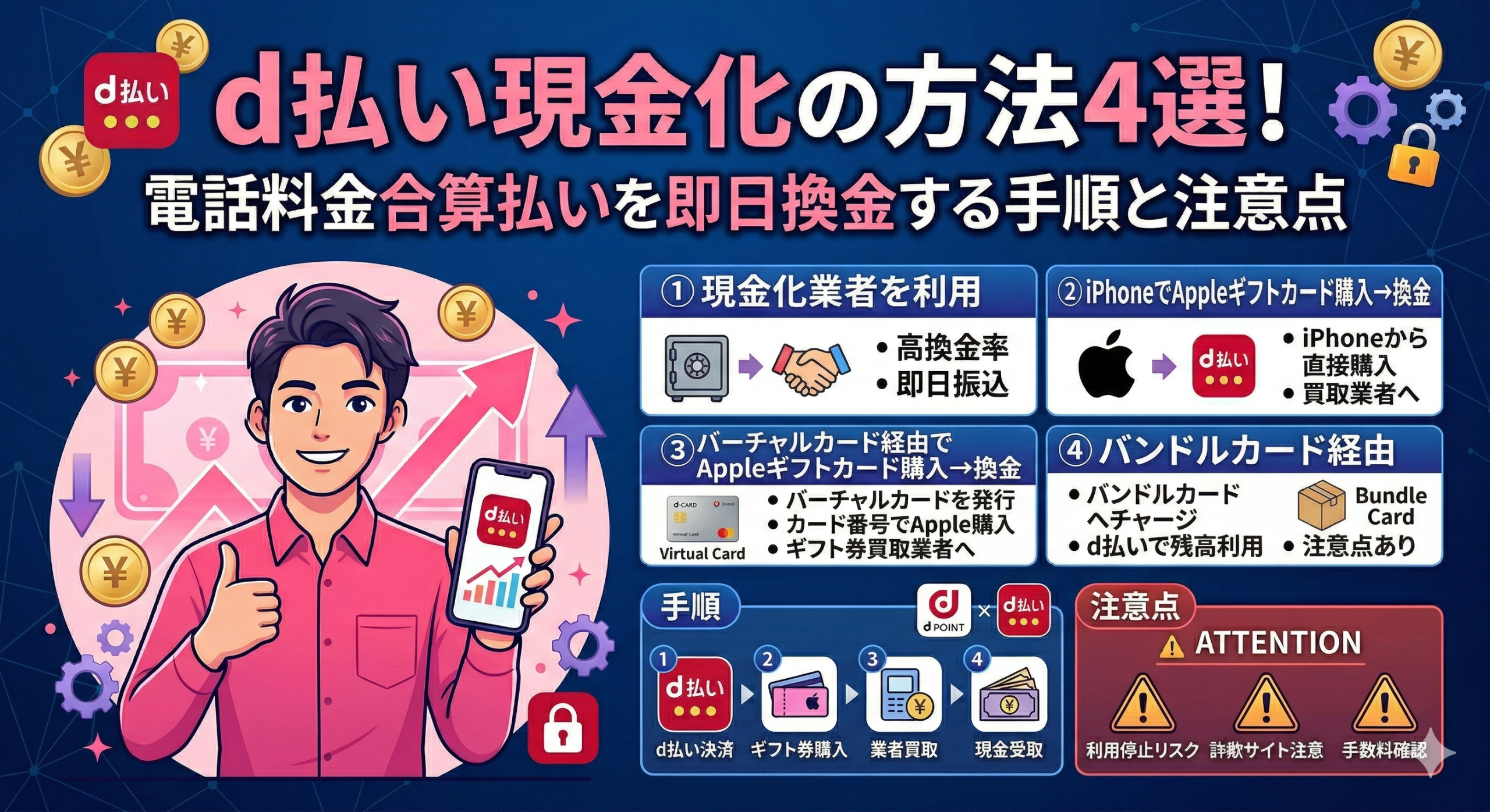 d払い現金化の方法4選!電話料金合算払いを即日換金する手順と注意点
